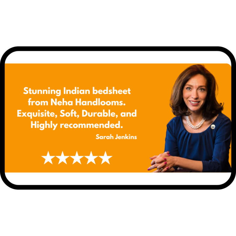 Testimonial graphic with an orange background featuring a woman beside a five-star review praising Neha Handlooms Indian bedsheets for being soft, durable, and high quality.