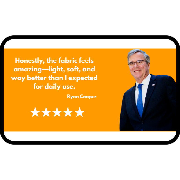 Testimonial card with an orange background showing a smiling man in a suit beside a five-star review quote about soft, lightweight fabric for daily use by Ryan Cooper.
