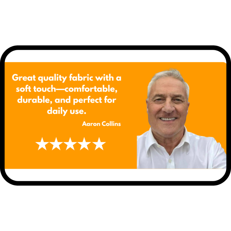 Testimonial graphic with an orange background featuring a smiling man beside a five-star review praising soft, durable fabric for everyday comfort by Aaron Collins.