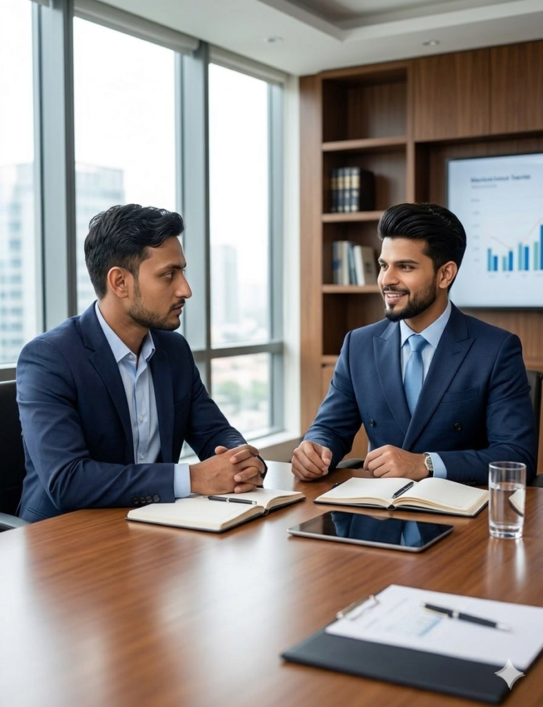 Business meeting discussion between two professionals in office with documents and tablet