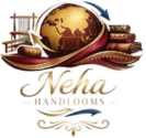 Neha Handlooms logo with global textile theme, featuring handloom machine, fabric rolls, and world globe representing Indian handloom export business.